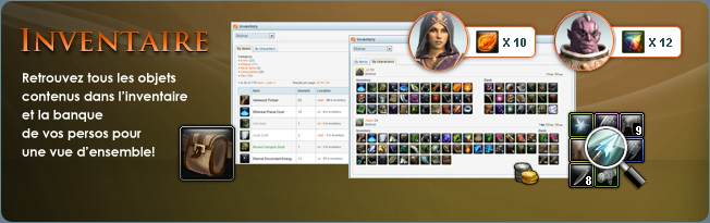 Inventaire de personnage: Obtenez une vue d'ensemble de tous les objets contenu dans l'inventaire et la banque de vos personnages sur Rift.